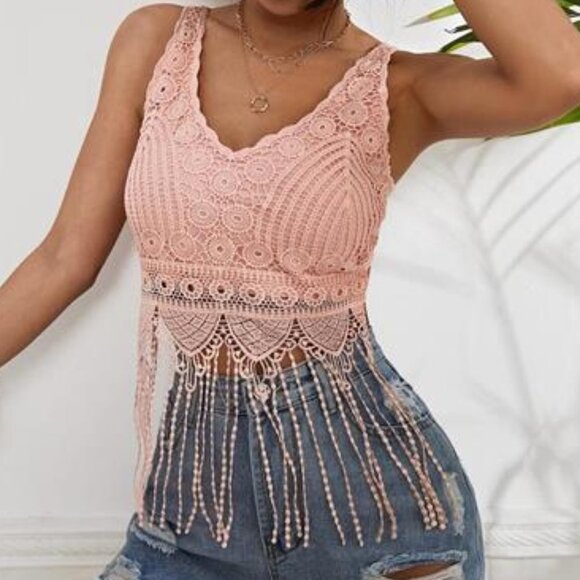 Pink Embroidered Lace Fringe Crop Top Tassel V-Neck Sleeveless Tank Top Cami - Picture 3 of 5